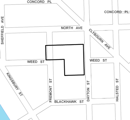 Weed/Fremont TIF district map, roughly bounded on the north by North Avenue, Blackhawk Street on the south, Dayton Street on the east, and Fremont Street on the west.